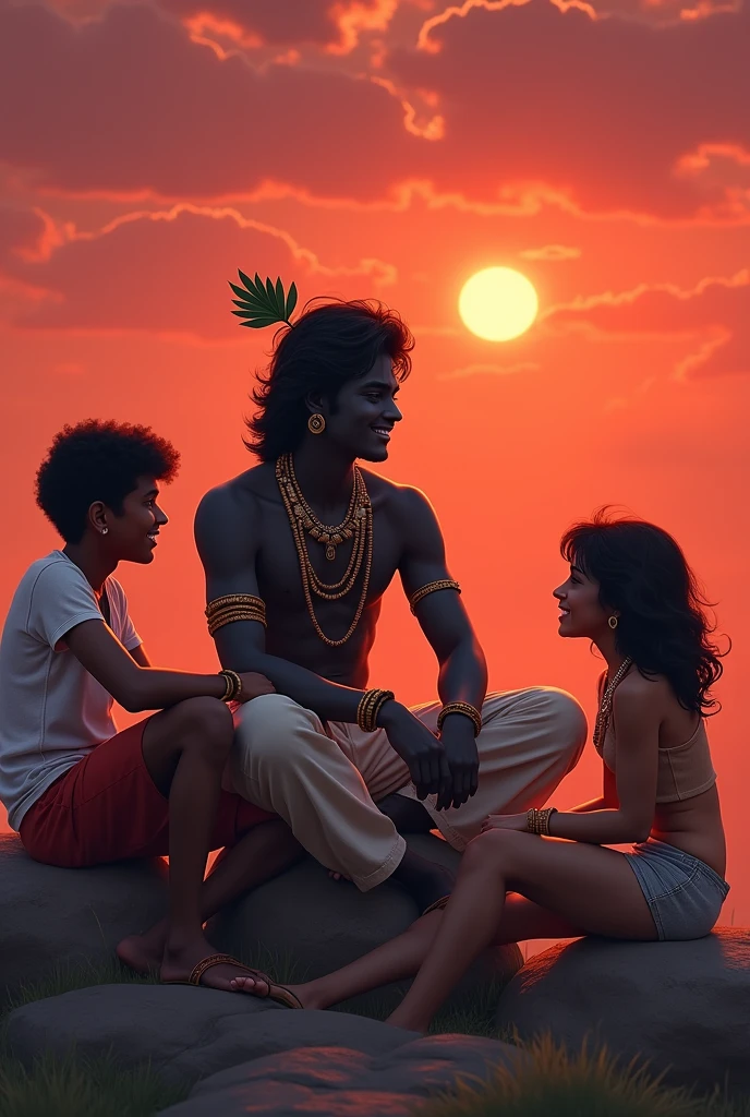 Lord krishna with full Black tone sitting on rock casually as common man with hus friends with chitchats in a red sky evening with laughing