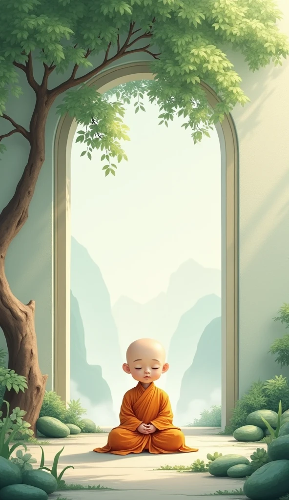 light blue-green,Chinese artistic conception style mural,A little monk is sitting in meditation under the tree,The lens is shot from the front,The expression is calm。Simple and elegant style,clear wallpaper,Exquisite details,Surrounded by light-colored landscape paintings,light mist,Green leaves,Jade material,Jade carving technology,wall carving style,Ultra-high resolution。