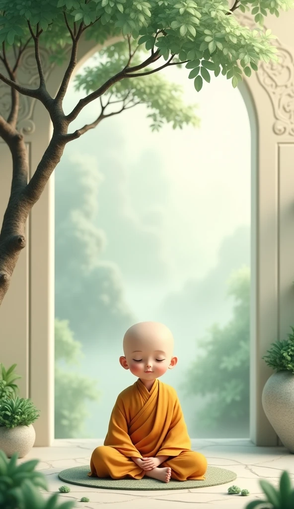 light blue-green，Chinese artistic conception style mural，A little monk is sitting in meditation under the tree，The lens is shot from the front，The expression is calm。Simple and elegant style，clear wallpaper，Exquisite details，Surrounded by light-colored landscape paintings，light mist，Green leaves，Jade material，Jade carving technology，wall carving style，Ultra-high resolution。 