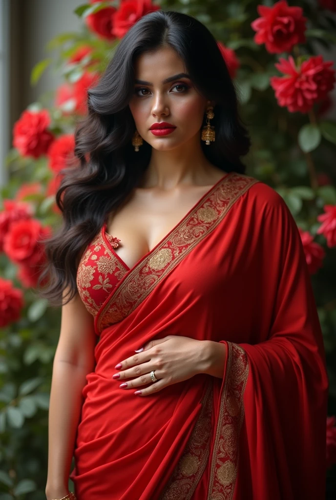 ((Indian milf, indian woman, milf)), (((ultra realistic))) Photo, masterpiece, top quality, (pale skin), (Ultra detailed face and eyes:1.2), 1 girl, Adult, ((in one size too small saree)), strapless saree blouse, ((very heavy eye makeup,)), ((fake detailed lips)), ((black wavy hair)), ((Stylish hairstyle)) , (({Enormous|Gigantic|Big|Huge|Mega|Fake} pushed-up breasts)), (very slim waist). ((very huge cleavage)), photoshoot, (Soft) Lighting, (The play of light and shadows), depth of field, bokeh, (special attention to skin detail: 1.2), (special attention to enormous breast size: 1.2), (((special attention to extra tight clothing size: 1.2))), Detailed texture, skin pores, oily skin. (Erotic atmosphere of the frame. Color range - purple, Tons), UDR, ((Film grain)), ((rays)), (Glare), ((upper body body)) , ultra detialed, cinematic studio light reality ultra HD reality realistic sexy