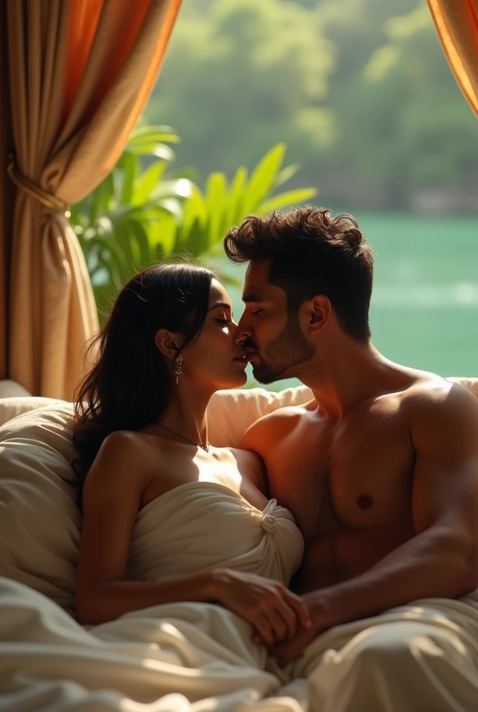 two on bed, realistic Indian wife and husband, man and woman, man is kissing boobs of wife, man is grabbing her breast, wife nude in bed, in honeymoon in bali, beautiful resort, nsfw