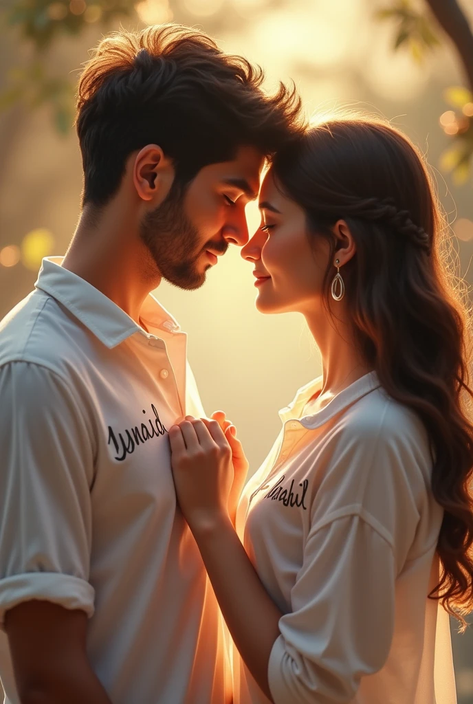 Make a 1 man or 1 girl together and girl and man hand together write the name on the man shirt (junaid),write a name on girl shirt (minahil) 