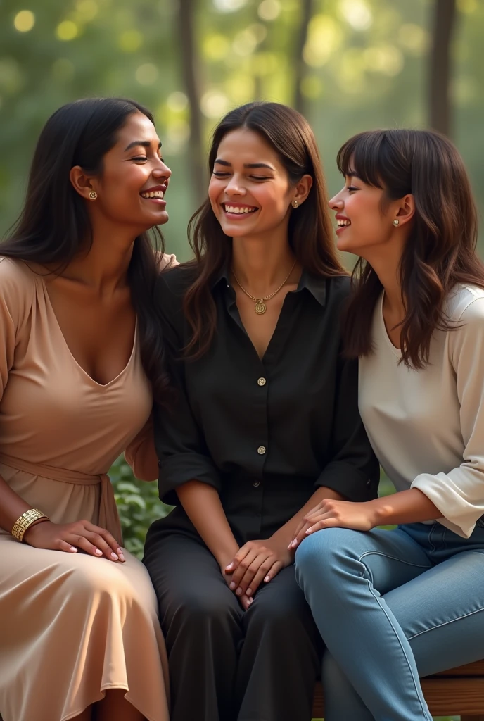 (photorealism:1.2), a brown girl, slim, long smooth hair with small pimples and pores on face, sharp jawline.
Another girl of bit largesize, short hair, with double chin, a girl of medium size body. Medium hair length and bit more brown. Three sitting on a bench and laughing their heart out. First one is wearing a frock of knee length and the second one a kurti black. The third one wears a jeans and a cute full sleeve T-shirt