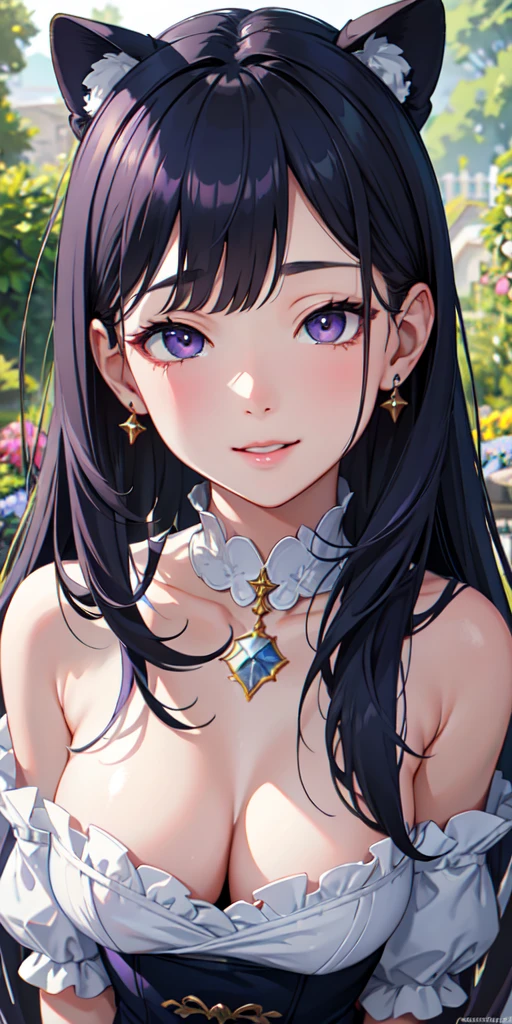 masterpiece、Highest quality、High resolution、High-quality images、8k, 1 female、Skin Radiance、Texture of skin and clothing、Expression of fine eyes、realism, detailed manga style, Manga art style, Perfect line drawing, Beautiful line art, digital manga art girl, Fuller lips, Gorgeous face with attention to detail, (smile), charm, Innocent, Side view, (Perfectly detailed face), (Beautiful Hands) Photorealistic images, Written boundary depth、Navy Blue Hair、Purple eyes、High resolution、vision、Shortcuts、amount、Trim your bangs、Bob、Slanted Eyes、、alone、whole body、garden、Light、Short bangs