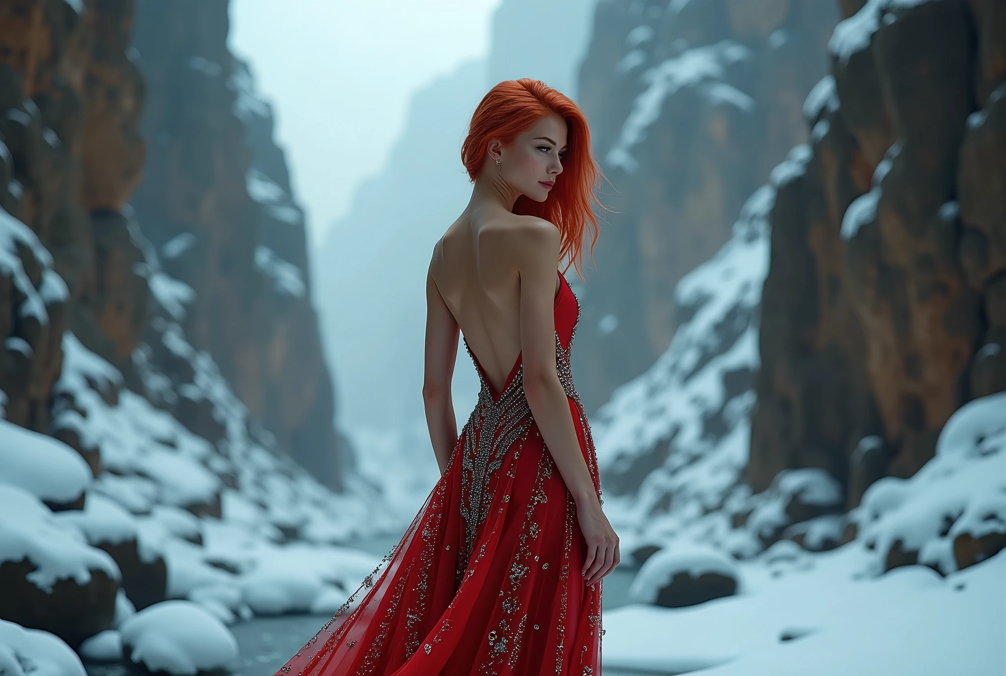 ​(full body with legs , back view) ,masterpiece, An ultra hot, beautiful European. age 23. She is a playmate,men magazine model.(((Redhead in elaborate dress stands in cinematic, snowy canyon slot, fotografia))) soft lighting, colors, Very detailed, dramatic lighing, trendy digital art on Artstation 8k HD High Definition detailed realistic, detailed, Skin texture, Hyperdetailed, realistic skin texture, armor, best quality, ultra highres, (photorealestic:1.4), High resolution, detailed, Brute Photo, Sharp Re, nikon d850 film stock photograph 4 kodak portra 400 camera f1.6 lens rich colors hyper realistic lifelike texture dramatic lighing unrealengine trending on artstation cinestill 800, (((Precise female anatomy, perfect eyes))) (((500 Pixel, Stopper, Photo view.ru, metart,  ISO NOISE))) (((SFW clothing)))
