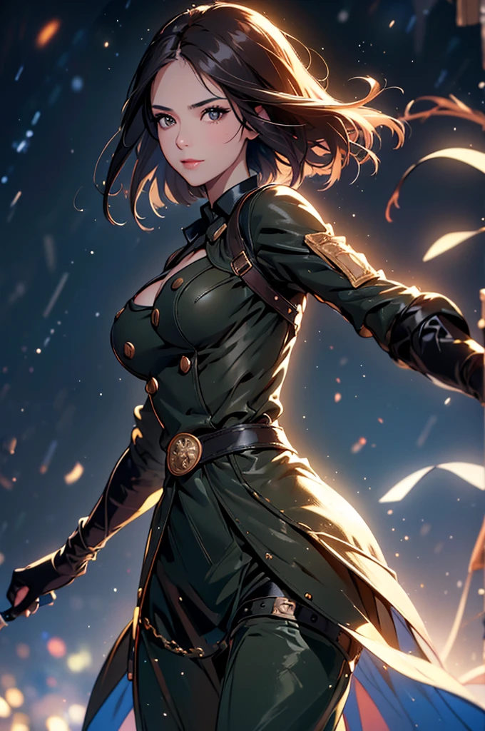 (at night), in a video game scene in the background, a beautiful city at night, raining, alone, standing looking straight ahead, military clothing with military green skirt and pants, black gloves, semi-short hair, ((semi-short hair)), 1 girl, 30 years old, young woman, perfect hands, Beautiful fingers, Beautiful long legs, Beautiful body, Beautiful nose, Beautiful character design, perfect face, looking straight at the viewer with a serious gesture, very upset looking at the viewer, she has a black whip in her hand (focusing on her face), closed mouth, smile_light, official art, extremely detailed CG unity 8k wallpaper, perfect lighting, bright and colorful front lighting, skin glossy (masterpiece: 1.0), (best_quality: 1.0), ultra high resolution, 4k, ultra detailed photography, 8K, hdr, high resolution, nonsense:1.2, Kodak portrait 400, film grain, blurred background, bokeh:1.2 , Lens flare, (vibrant_color:1.2), professional photography, (Beautiful, breasts: 1.4), (Beautiful_face: 1.5), (narrow waist),
