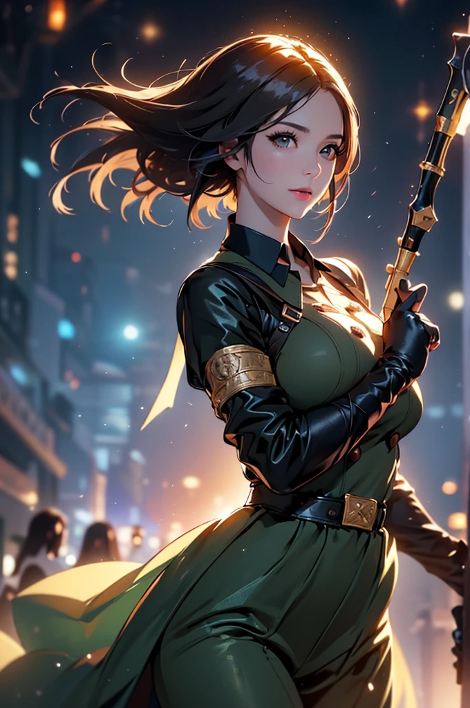 (at night), in a video game scene in the background, a beautiful city at night, raining, alone, standing looking straight ahead, military clothing with military green skirt and pants, black gloves, semi-short hair, ((semi-short hair)), 1 girl, 30 years old, young woman, perfect hands, Beautiful fingers, Beautiful long legs, Beautiful body, Beautiful nose, Beautiful character design, perfect face, looking straight at the viewer with a serious gesture, very upset looking at the viewer, she has a black whip in her hand (focusing on her face), closed mouth, smile_light, official art, extremely detailed CG unity 8k wallpaper, perfect lighting, bright and colorful front lighting, skin glossy (masterpiece: 1.0), (best_quality: 1.0), ultra high resolution, 4k, ultra detailed photography, 8K, hdr, high resolution, nonsense:1.2, Kodak portrait 400, film grain, blurred background, bokeh:1.2 , Lens flare, (vibrant_color:1.2), professional photography, (Beautiful, breasts: 1.4), (Beautiful_face: 1.5), (narrow waist),