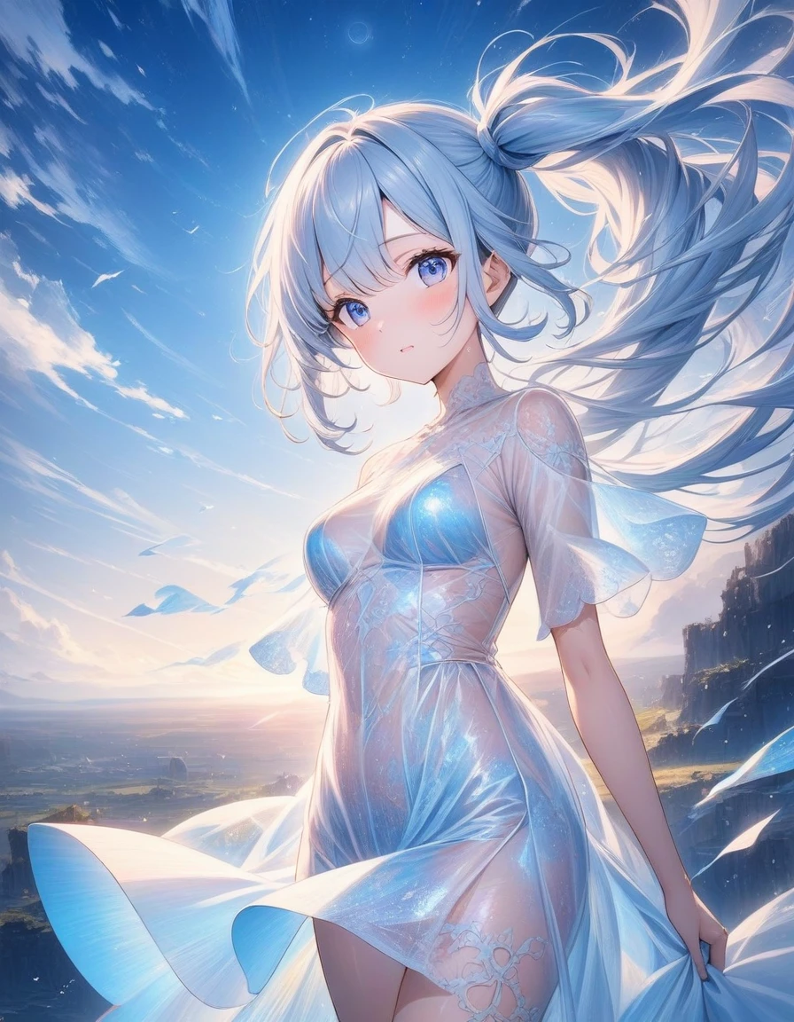 ((style:Colored pencil,pale colour)),(anime)、(masterpiece:1.2),Atmospheric perspective,Lens flare、(Empty Country)、(Princess)、Otherworldly fantasy、cute、Hair blowing in the wind、((A translucent lace dress that evokes the image of wind))、Clear blue sky、Light pours in from above、Very mysterious、Light effects、Sky blue and white gradient hair color、Side Ponytail、blue eyes、((A work that visualizes the wind))、Look up at the sky、close