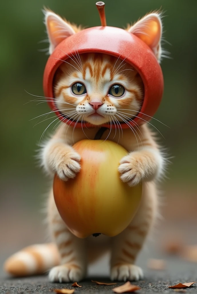 A highly realistic anthropomorphic kitten standing and facing forward. The kitten has an extremely cute face, with its head, hands, and feet being that of a kitten. The kitten's torso is an apple, and it is wearing an apple-shaped helmet. The overall appearance is very lifelike, blending the features of the kitten with the apple seamlessly