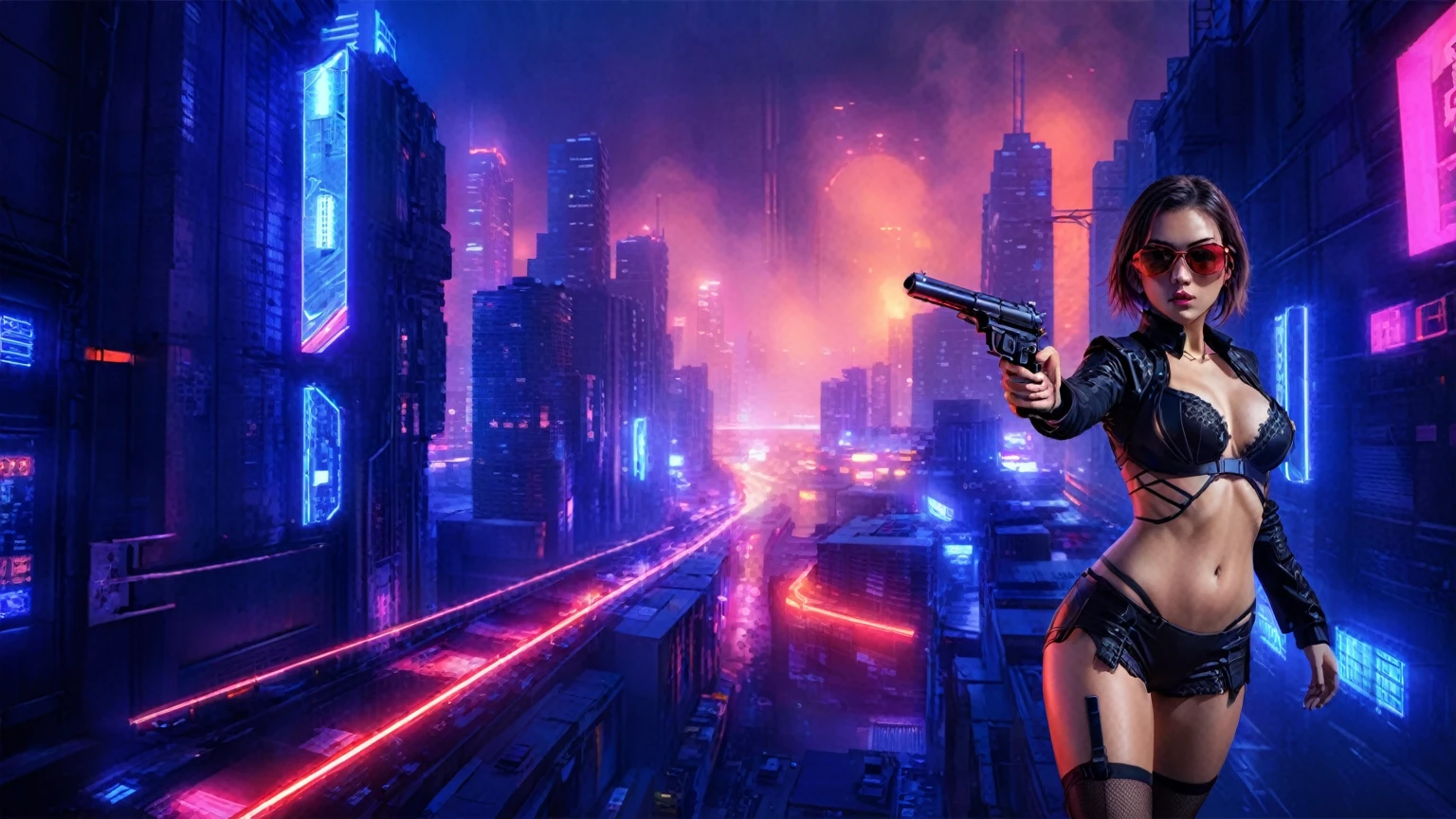 (High view). There's a cyborg woman (8k) wearing a futuristic leotard (best quality) standing in a cyberpunk city alley at night, darksynth aesthetic, red neons, haze, 1drone, foggy night, ultra detailed, photorealistic. At night, (1girl, solo, alone), photorealistic, medium-breast slim:0.6 body, oval:0.5 face, cleavage:1.1, sexy black laced bra, miniskirt, white laced panty, coat, (black micro sunglasses), (holding a short gun), (slightly leaning forward running pose), ((half-body thigh level medium shot)), cinematic lighting, ray tracing, motion blurred background.