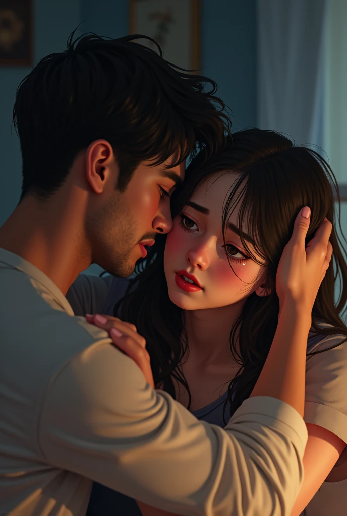 crying girl , Her lover is comforting her next to her