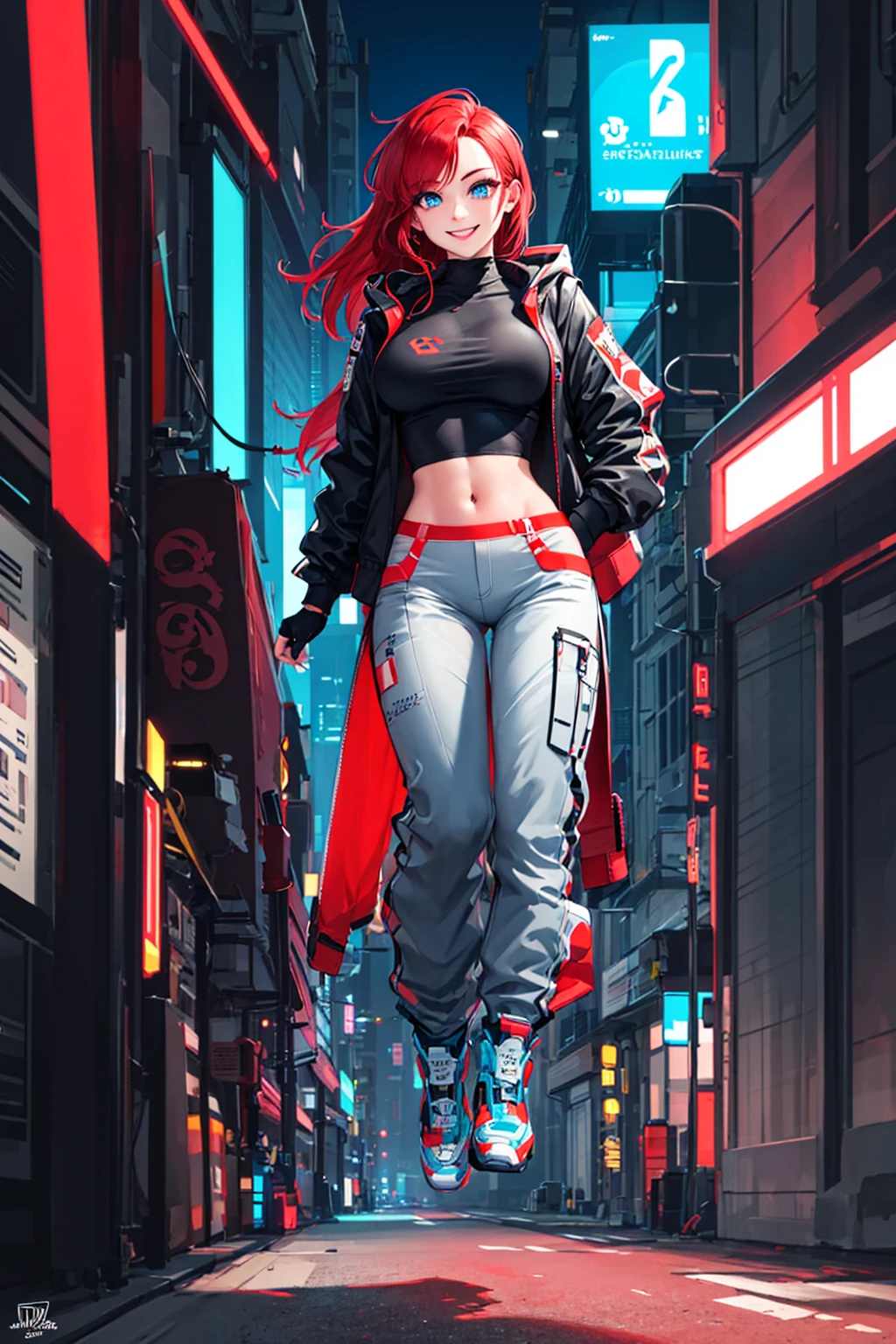 high quality, subsurface scattering, chromatic lighting,
colorized, red + white limited color palette, 
detailed concept drawing,
Street girl, cyberpunk, futuristic, full body, no weird things or color on her face,
portrait, 20yo 1girl, medium soft breasts, slender, crop top, jacket, combat pants, long red hair, blue eyes, smiling