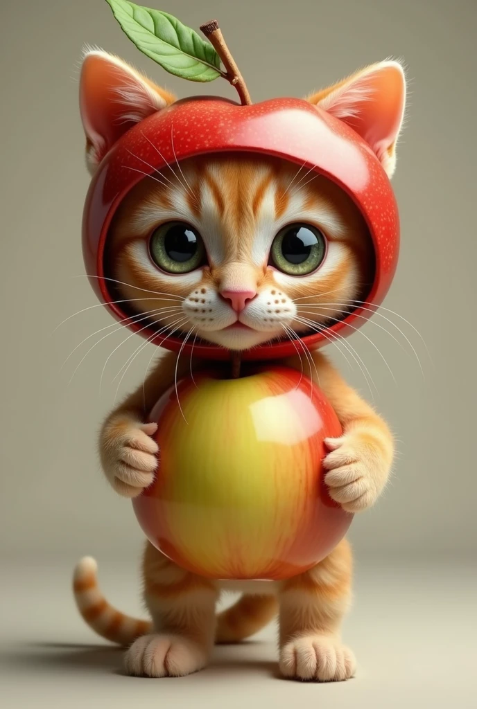 A highly realistic anthropomorphic kitten standing and facing forward. The kitten has an extremely cute face, with its head, hands, and feet being that of a kitten. The kitten's torso is an apple, and it is wearing an apple-shaped helmet. The overall appearance is very lifelike, blending the features of the kitten with the apple seamlessly