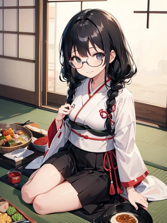 One girl,alone,black eye,Black Hair,Glasses、Braided in front,smile,whole body,foot,Small breasts,Japanese traditional clothing,Mini Girl, In the food,In the container,It&#39;s in a bowl,soup, Buckwheat,no,meat,green onion,Partially submerged,sweet,vapor,Japanese Background,No shoes,Eat from a bowl with chopsticks, Torii gate in the background