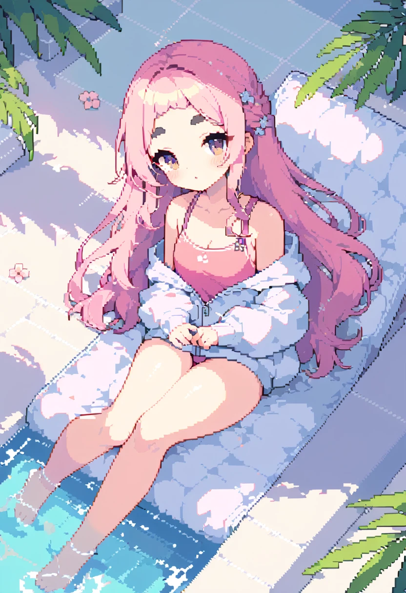 (((Highest quality, 8k, masterpiece: 1.3)), Beautiful pixel art, \One woman, Pink Hair, Long Hair, Cotton candy hair, Fluffy hair, Thick eyebrows, Pink Swimsuit, Wearing a hoodie, Lying on a pool chair, Tropical juice with flowers:1.2), Pool water sparkling in the light, Poolside, Leisureland, Diagonal camera angle:1.15