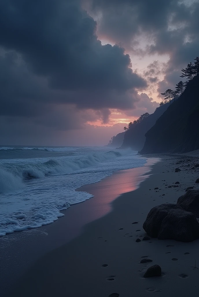 Explanation:
Imagine a quiet, isolated beach at dusk. The sky is transitioning into night, with dark purples and grays blending together. The beach is empty, giving a sense of eerie solitude. The wind starts to howl, and the waves grow more aggressive, creating a tense atmosphere. This part sets the scene and builds anticipation.