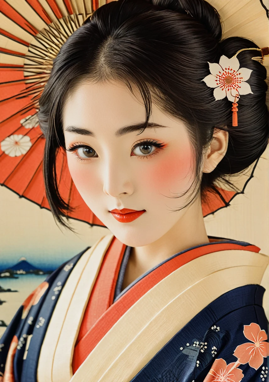 (Ukiyo-e:1.9)、woodblock print、Sharaku、Cute Japanese Town Girl、bit、Intricate kimono patterns、Delicate facial features、A hairstyle symbolizing the Edo period、Holding a traditional Japanese fan、Kind eyes and small lips、Innocent look、Face close-up、Natural light、High resolution、Detailed Images、Bright colors、Realistic、masterpiece