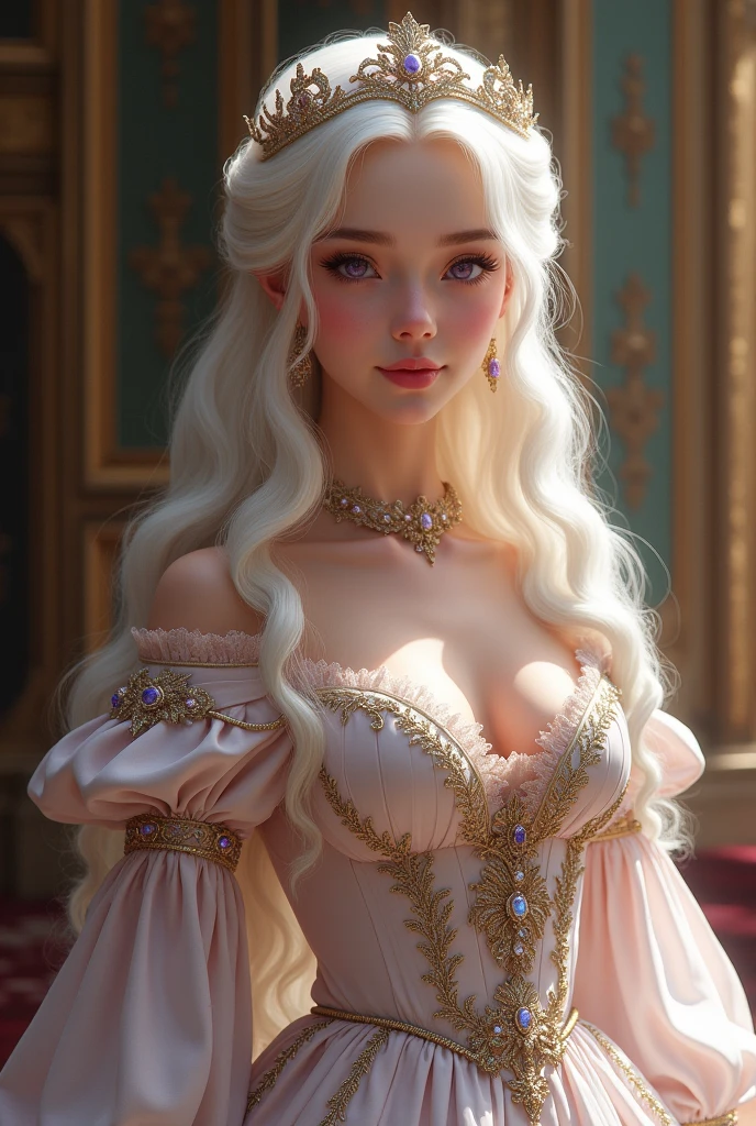 Make a girl with pale skin, purple eyes and long pearly white hair, she is a very beautiful young woman, wearing an elegant dress showing her position in royalty as a countess