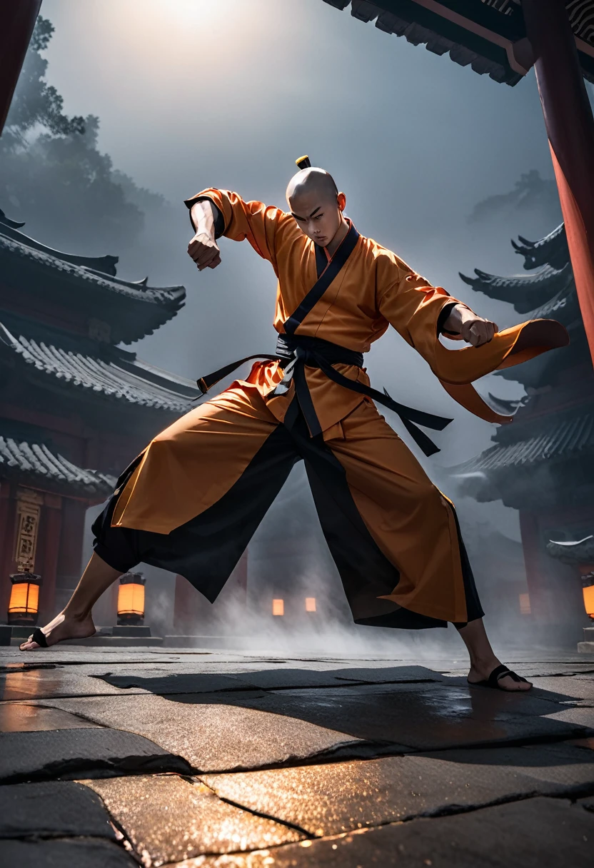 Professional photography of a Shaolin monk practicing Shaolin martial arts on the temple grounds, looks very intense, the night atmosphere is lit by moonlight, fog covers the floor.