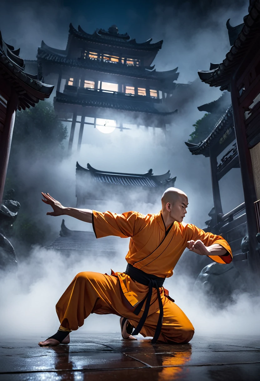 Professional photography of a Shaolin monk practicing Shaolin martial arts on the temple grounds, looks very intense, the night atmosphere is lit by moonlight, fog covers the floor.