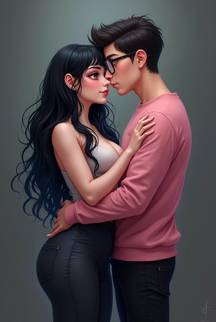 Couple of boyfriends, she is gothic with a curvy body, big cheeks, big butt, black hair with blue and big brown eyes, clear skin, He has straight hair combed up and small rectangular glasses and a wide nose and a pink sweatshirt and black pants.
