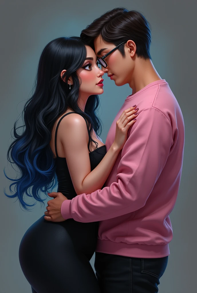 Couple of boyfriends, she is gothic with a curvy body, big cheeks, big butt, black hair with blue and big brown eyes, clear skin, He has straight hair combed up and small rectangular glasses and a wide nose and a pink sweatshirt and black pants.