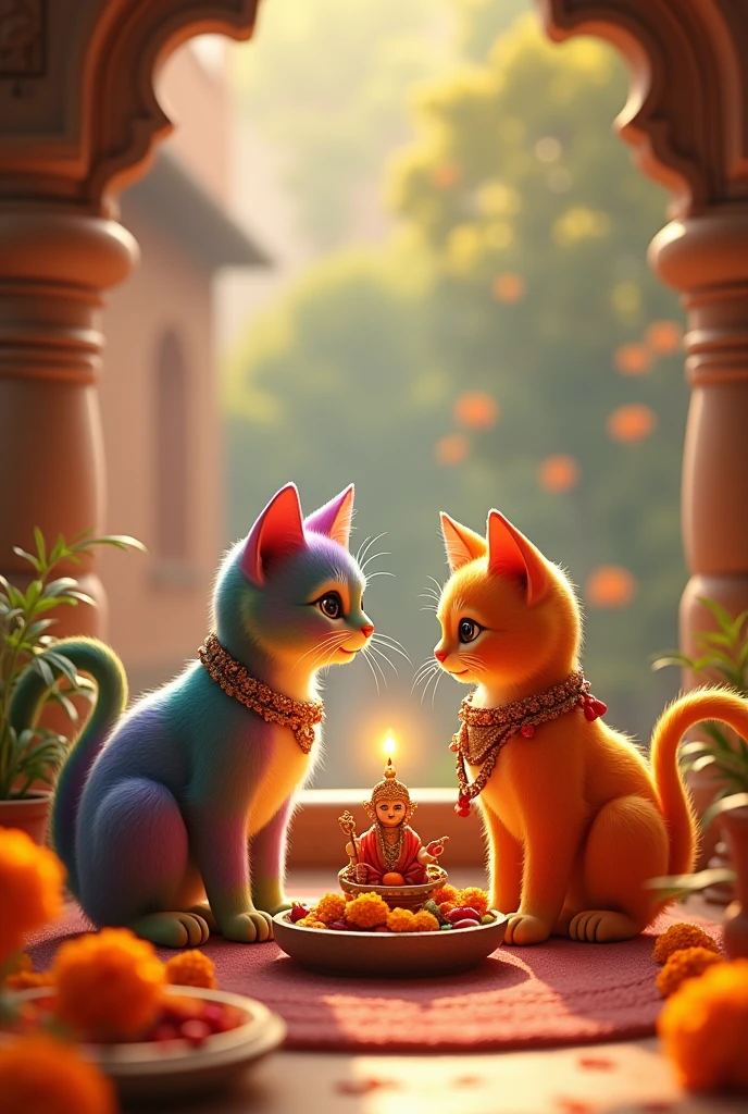 Prompt 9**: A serene image of the small altar set up by hansome rainbow coloured cat male character and Meera, is female character of rainbow coloured cat with marigold flowers,and wearing a traditional dresses an idol of baby radhakrishna god oil lamps, and an offering of sweets and fruits.