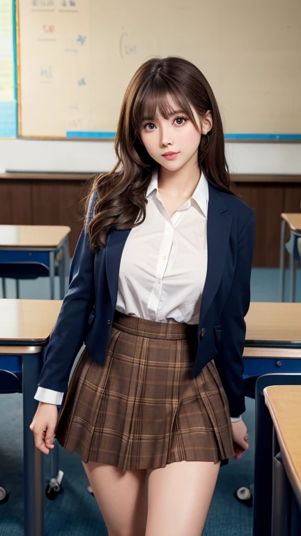 Product quality,1 person,Low Angle,Young and cute Japan,Daytime, ((High school classroom:1.2)),Schoolgirl uniform,blazer, Ultra-short,Plaid,Blue Micro Mini Skirt,Very cute face,Glossy Lips,Beautiful big eyes,Brown eyes,Double eyelids on both eyes,(Natural Makeup),shiny smooth light brown long hair,,,,Asymmetrical bangs,Center image,8k resolution,Attention to detail,Detailed hairstyle,Detailed face,Cinema Lighting,Octane Rendering,Ultra-realistic,Perfect limbs,Beautiful feet,Voluptuous thighs,Huge breasts,Perfect Anatomy,Bold sexy pose,Burning idol pose