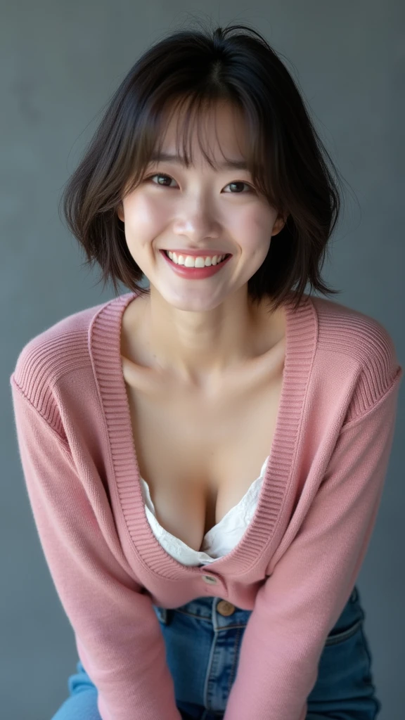 ((Highest quality, 8k, Portraiture: 1.3)), (Viewer Display), Photographic realism, Sharp focus, alone, A very beautiful Japanese office lady、Denim mini skirt、 (Dark pink V-neck sweater、Deep neckline),White bra、evil grin、smiling at viewer、short hair、Gray background、Leaning forward、Front Light、Bend your body,front,top-down view、down blouse, ((Cleavage)), 