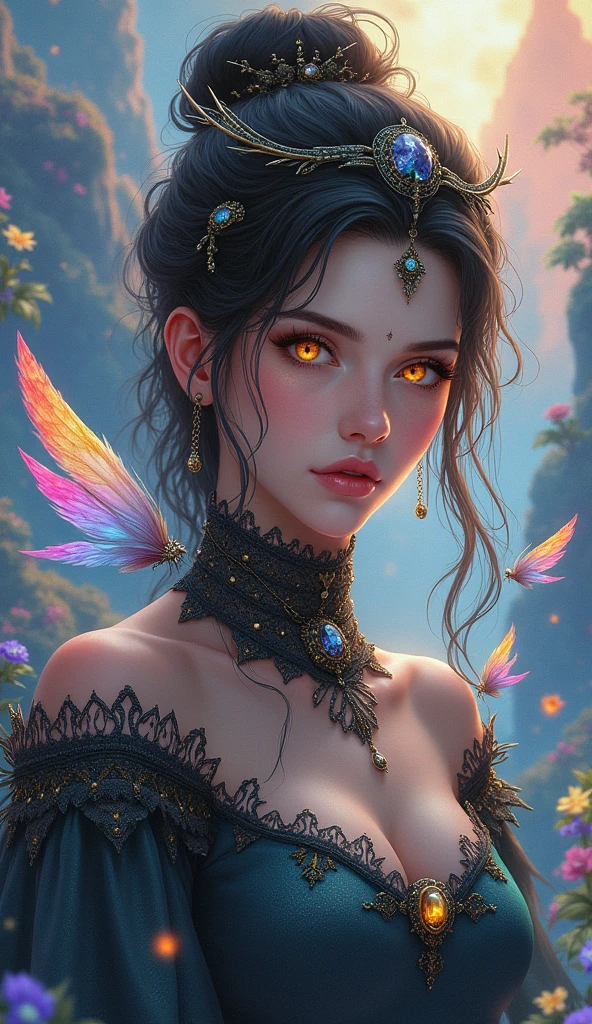 (((Master Parts))), (((Highest quality))), ((Ultra-detailed)),(Highly detailed CG illustrations), ((Very delicate and beautiful)),Yellow Eyes, Cinematic Light, Amazing fantasy art. Mythical fantasy and fairy tale fantasy, Great rainbow accents. ((Use pastels as your main color scheme.)) Delicate character, But strong,Aura of mystery and magic, (Beautiful translucent rainbow feathers). Complex facial features, Bright colors and bold shadows for captivating eyes. The character's clothes must be designed with spider wings, that, Amazing embroidery, And subtle iridescent details. Dreamy colors, Dynamic Lighting, and detailed background elements,Shoots a magic ring、Colorful flying magical birds and jewel-like iridescent butterflies. Consider the latest trends in fantasy art, How to create unique lighting effects, Explore dynamic and engaging composition techniques. 4 woman who resembles Gwyneth Paltrow、whole body