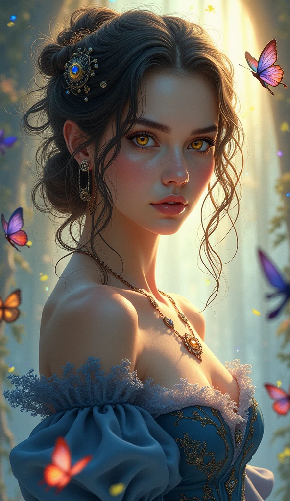 ((Solo Beautiful french woman with dark skin and striking eyes)),  shadowed interior background, art by akihiko yoshida, manga art style, colorfield illustration, Scary atmosphere, global illumination, by frank frazetta, art by goro fujita, glamour shot, banner, blur, anime key visual, (blue, yellow and grey colors), dramatic photo, anime girl, Intricate details, chiaroscuro, pino daeni, impressionist (best quality, masterpiece)