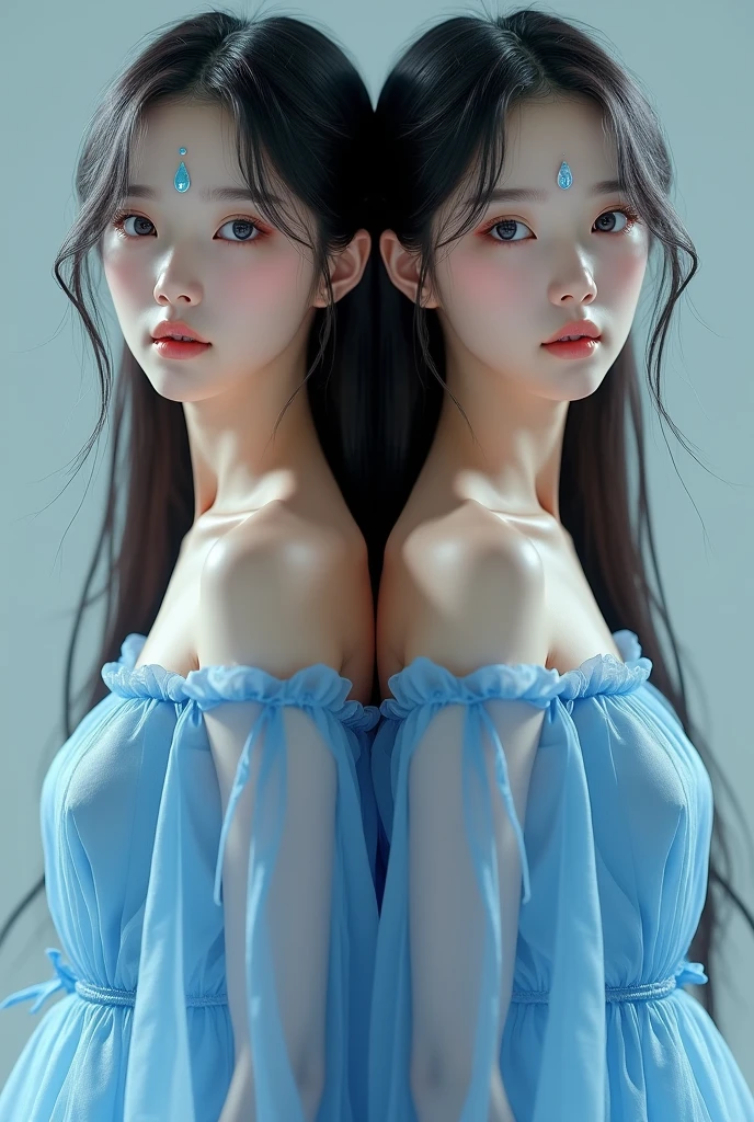 bestresolution, (2heads:1.2), two asian age girls,in blue dresses posing for a picture, beautiful gemini twins portrait, beautiful gemini twins, korean symmetrical face, with a twin, third eyes middle of foreheads, two identical symmetrical eyes, siamese twins, jaeyeon nam, ji-min, park ji-min, beautiful sci - fi twins, female actress from korea, twins, cute korean actress