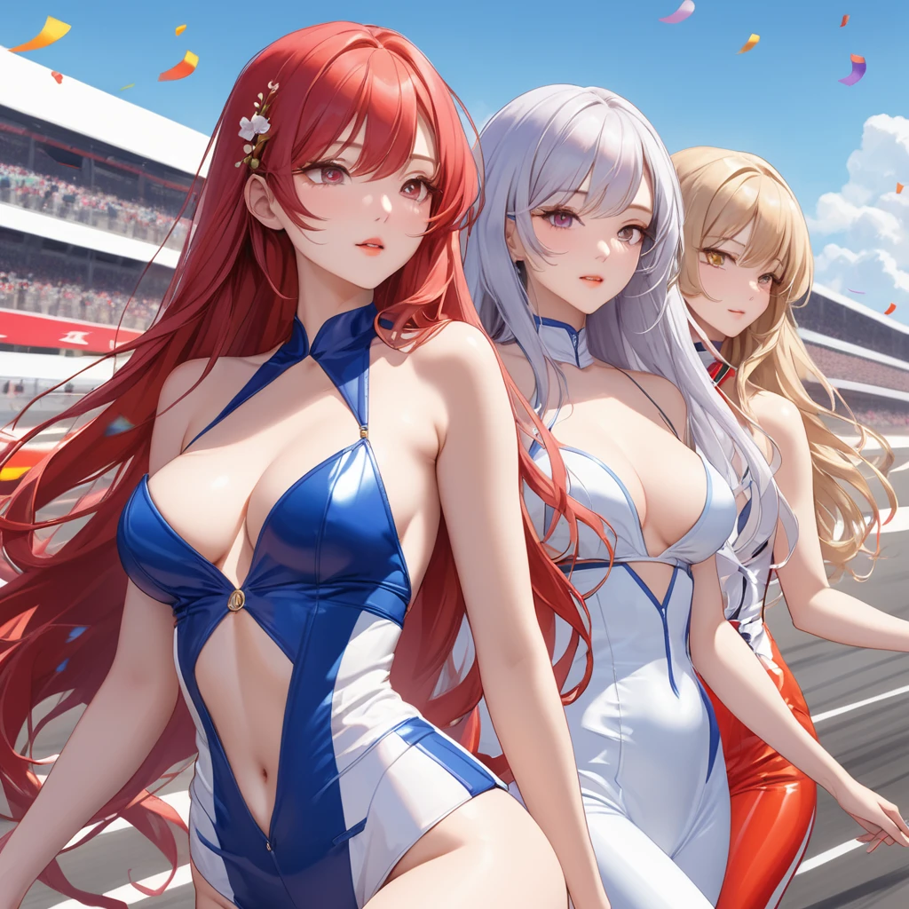 Highest quality, Great quality, 16K, Unbelievably absurd, Very detailed, 2.5D, delicate and dynamic, blue sky, Confetti, Racing Car, flag, Small face, Very delicate facial expressions, Delicate eye depiction, Very fine hair, Upper body close-up, erotic, The only sexy Japanese woman, Healthy body shape, 2. Women, Race Queen, Large, firm, swaying bust, Silvery long hair, Sexy long legs, Glowing Skin, , 派手なRace Queenのコスチューム, Blue tight skirt, White Leather Long Boots, Formula 1, Auto Racing Track