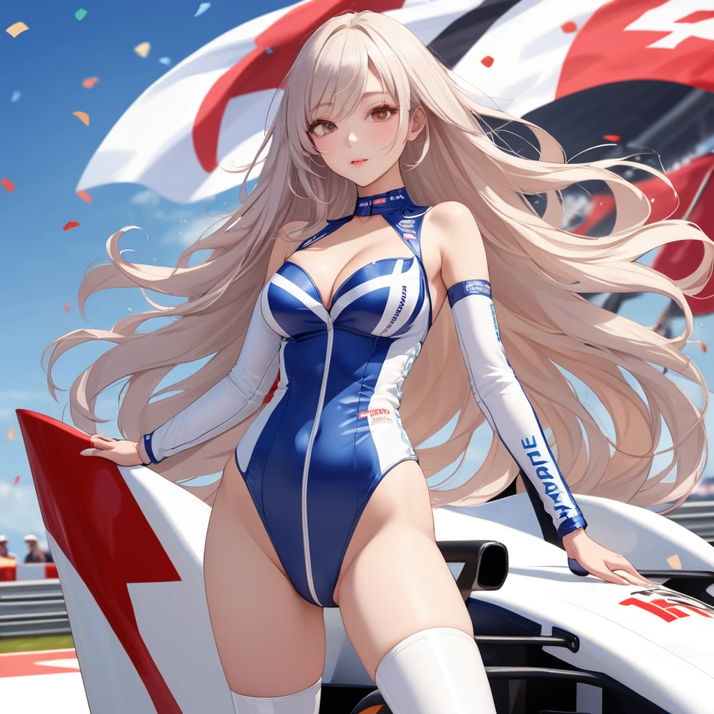 Highest quality, Great quality, 16K, Unbelievably absurd, Very detailed, 2.5D, delicate and dynamic, blue sky, Confetti, Racing Car, flag, Small face, Very delicate facial expressions, Delicate eye depiction, Very fine hair, Upper body close-up, erotic, The only sexy Japanese woman, Healthy body shape, 2. Women, Race Queen, Large, firm, swaying bust, Silvery long hair, Sexy long legs, Glowing Skin, , 派手なRace Queenのコスチューム, Blue tight skirt, White Leather Long Boots, Formula 1, Auto Racing Track