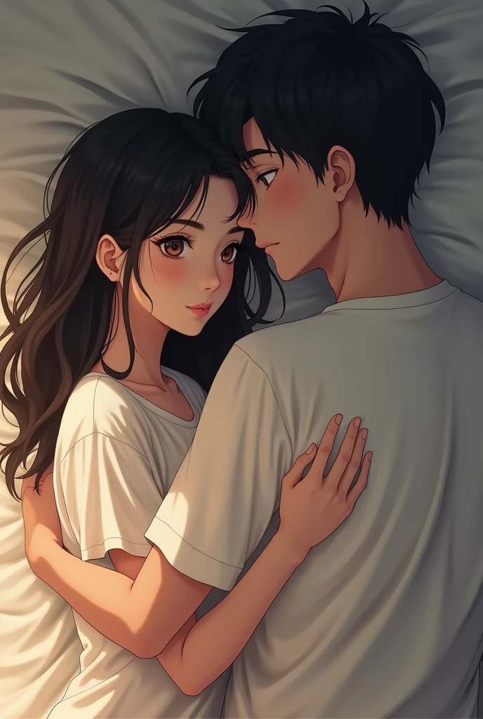 The woman turns to the side、The woman has her back to the man,A man is hugging from behind,In bed,The woman has long hair,The woman is wearing a T-shirt,men are２０Old Japanese,men areTシャツを着ている,２人ともIn bedで横になっている,Beautiful eyes,Fine skin,The woman has her eyes down