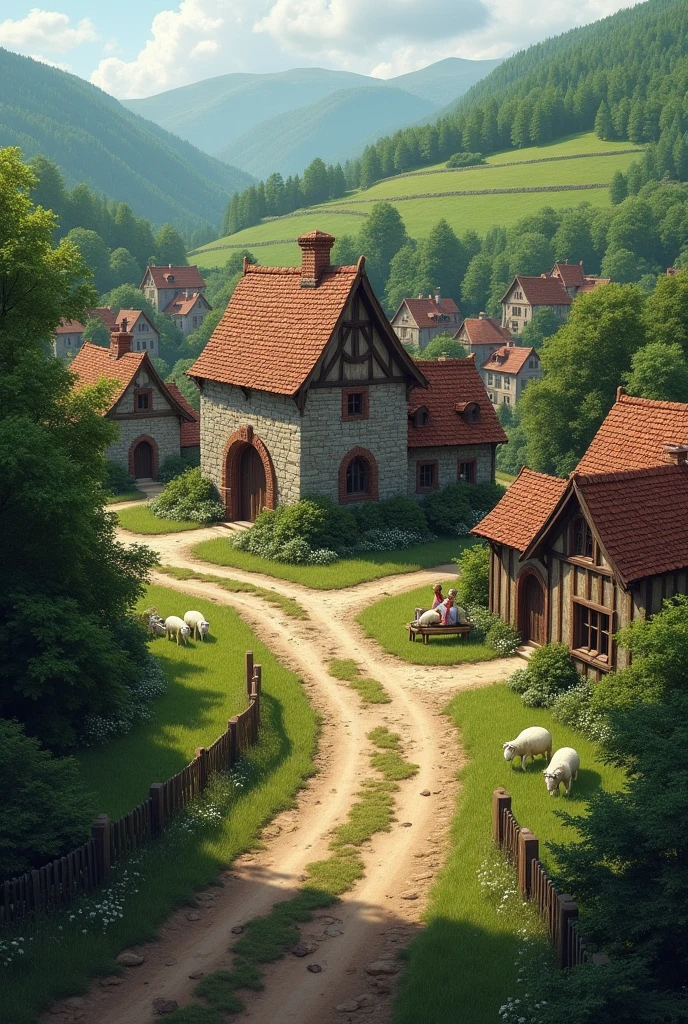 The image shows a quiet rural village with a medieval appearance., with houses built of stone and wood, surrounded by a green and natural landscape. In the middle, A large stone house with a sloping roof can be seen, as well as several inhabitants of the village busy with their daily activities.. Some people are herding sheep, while others seem to be interacting with each other. The dirt road that runs through the village is wet and muddy., suggesting that it has rained recently. At the bottom, A dense forest spreads out, and beyond, Green hills, creating a picturesque and rustic atmosphere.