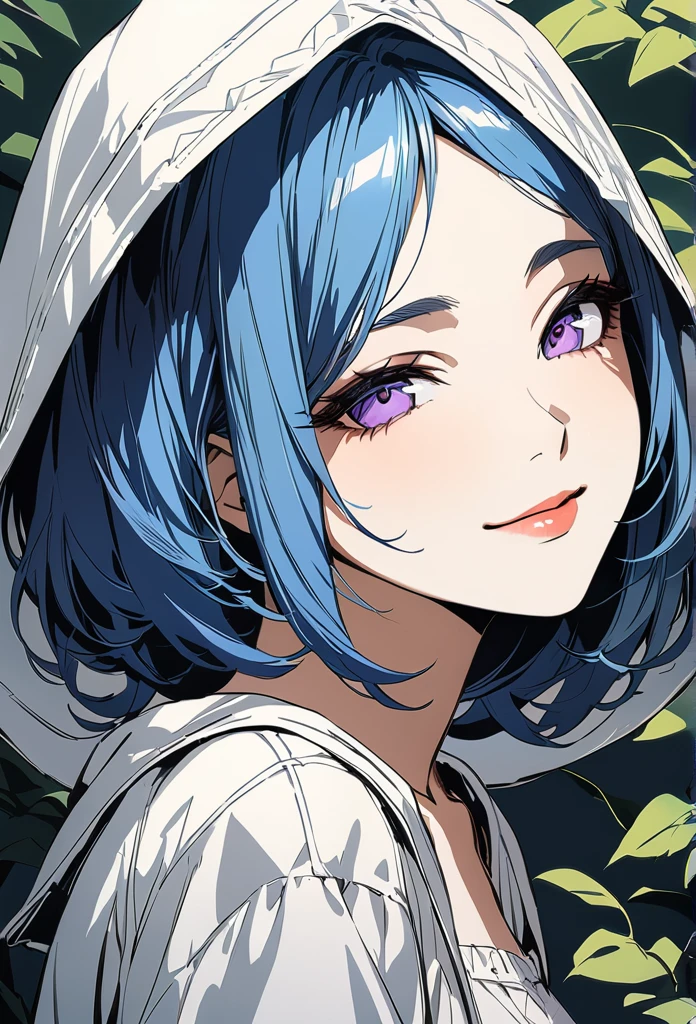 masterpiece、Highest quality、High resolution、High-quality images、8k, 1 female、Skin Radiance、Texture of skin and clothing、Expression of fine eyes、realism, detailed manga style, Manga art style, Perfect line drawing, Beautiful line art, digital manga art girl, Fuller lips, Gorgeous face with attention to detail, (smile), charm, Innocent, Side view, (Perfectly detailed face), (Beautiful Hands) Photorealistic images, Written boundary depth、Navy Blue Hair、Purple eyes、High resolution、vision、Shortcuts、amount、Trim your bangs、Bob、Slanted Eyes、、alone、whole body、garden、Light、Short bangs
