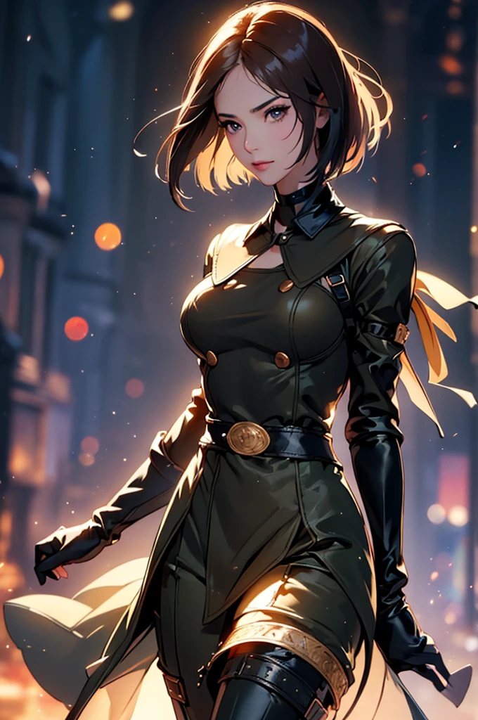 (at night), in a video game scene in the background, a beautiful city at night, raining, alone, standing looking straight ahead, military clothing with military green skirt and pants, black gloves, semi-short hair, ((semi-short hair)), 1 girl, 30 years old, young woman, perfect hands, Beautiful fingers, Beautiful long legs, Beautiful body, Beautiful nose, Beautiful character design, perfect face, looking straight at the viewer with a serious gesture, very upset looking at the viewer, she has a black whip in her hand (focusing on her face), closed mouth, smile_light, official art, extremely detailed CG unity 8k wallpaper, perfect lighting, bright and colorful front lighting, skin glossy (masterpiece: 1.0), (best_quality: 1.0), ultra high resolution, 4k, ultra detailed photography, 8K, hdr, high resolution, nonsense:1.2, Kodak portrait 400, film grain, blurred background, bokeh:1.2 , Lens flare, (vibrant_color:1.2), professional photography, (Beautiful, breasts: 1.4), (Beautiful_face: 1.5), (narrow waist),
