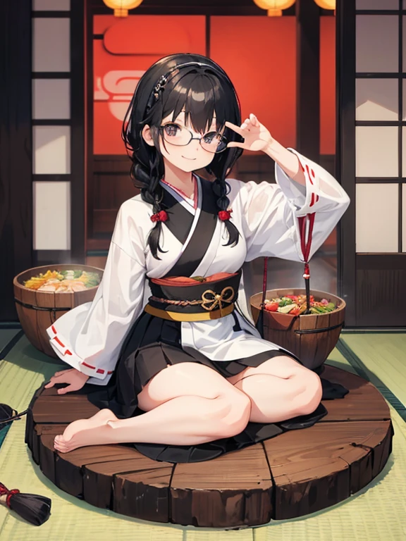 One girl,alone,black eye,Black Hair,Glasses、Braided in front,smile,whole body,foot,Small breasts,Japanese traditional clothing,Mini Girl, In the food,In the container,It&#39;s in a bowl,soup, Buckwheat,no,meat,green onion,Partially submerged,sweet,vapor,Japanese Background,No shoes,Eat from a bowl with chopsticks, Torii gate in the background