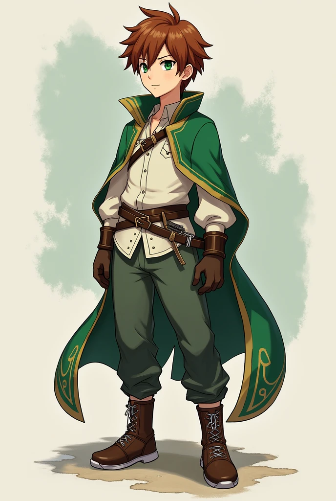 Kazuma is a young man of around 5'5" (165 cm), weighing 120 lb (54 kg) with slightly spiky chestnut-brown hair and green eyes (black eyes in the light novel). His usual outfit initially was a green tracksuit, but later he started using an adventurer outfit consisting of a gold-trimmed green mantle, white shirt, pants, and leather boots. He wore a short sword on his belt, later replaced by his short katana, Chunchunmaru.