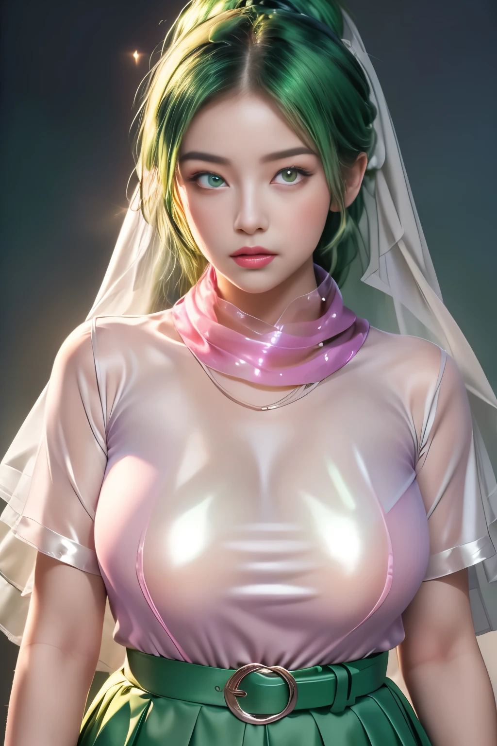 (Surreal,32K,RAW photos:1.1),(High Detail Skin:1.1), 8K Ultra HD, Digital SLR Camera, high quality, Film Grain, (cosmetic, mascara:1.1), Lips,(Gentle\Lips\), 
(Shiny, translucent clothing:1.1), Dragon Ball, bumboni, Light green hair, Headband, braided ponytails, Pink shirt, belt, scarf, Pink skirt, Clothes Writing, Brown gloves,, Huge breasts, 
(Looking at the audience, Bend forward:1.1), 
 (plump:1.1) ,  (Chubby:0.1),(Volumetric Lighting:1.1),Dark theme, Veil of Illusion, Glittering illusion, Change reality, Kingdom of Liars