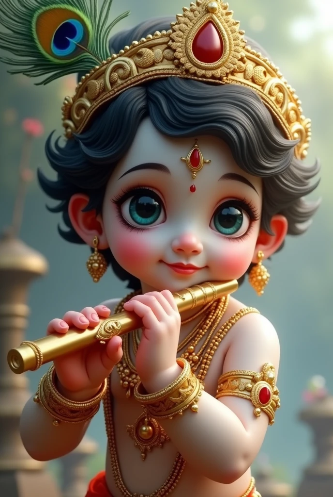 Create a highly detailed and clear image of Krishna as shown in the serial Radha Krishna, but in a child form with white human skin color. Ensure the image is sharp and free of blur. Depict Krishna with his distinctive features from the serial, including his attire, hairstyle, and expressions, but with a youthful and innocent appearance. He should be adorned with gold jewelry and ornaments suitable for a child. He should be holding a flute, and the background should reflect the celestial setting of the serial. Emphasize clarity and detail to capture the divine essence of Krishna in his child form with white skin.