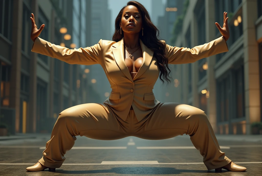 business suit,A body that looks like its clothes will burst with muscles,Create a high-resolution realist 3d image of a dark skin toned melanin elegant woman with a findom dominant and commanding persona and Prescence wearing luxurious attire, such as a tailored suits or designer dress, and posed in a confident stance. full body tall and plus size curvey body 5'9 265 lbs This mage should exude power, control, and sophistication, with a hint of mystery. the back ground is 　skyscraper