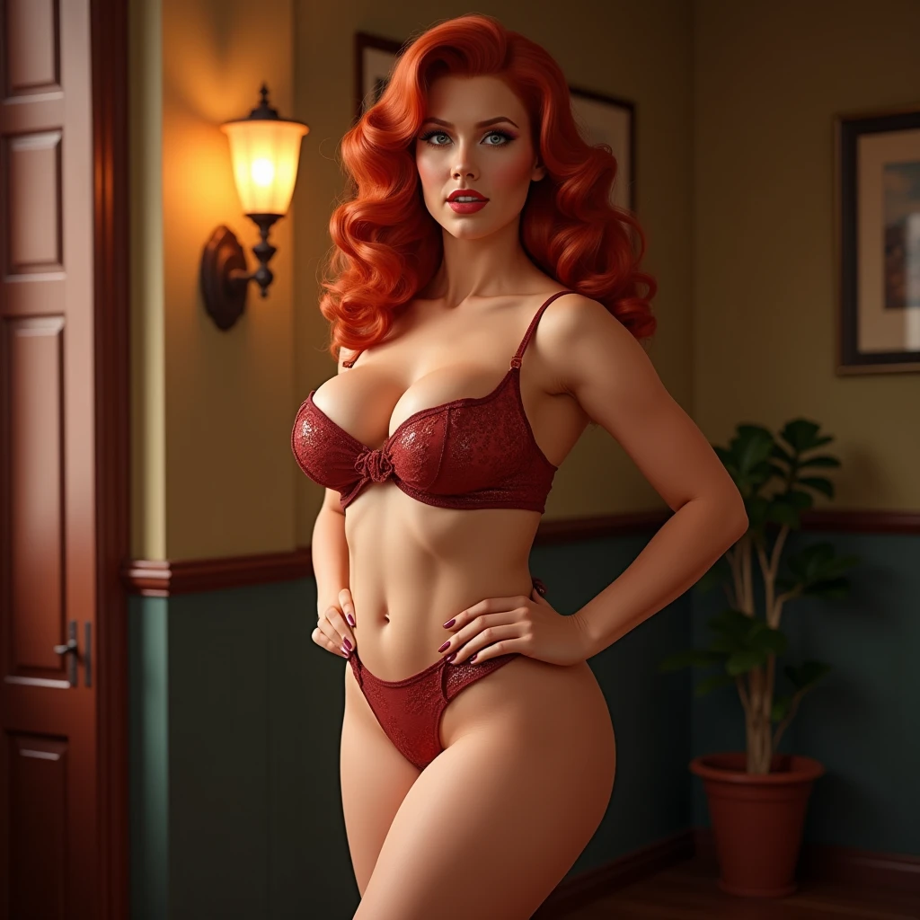 front full body picture of a beautiful naked woman with red curly hair, full body shown while she is seen from the front with her whole body, pinup style but realistic, not skinny or fat, nice curves, extremely detailed body with beautiful tits and ass and face with beautiful eyes and lips, photorealistic, 8k, high quality, vivid colors, warm lighting,