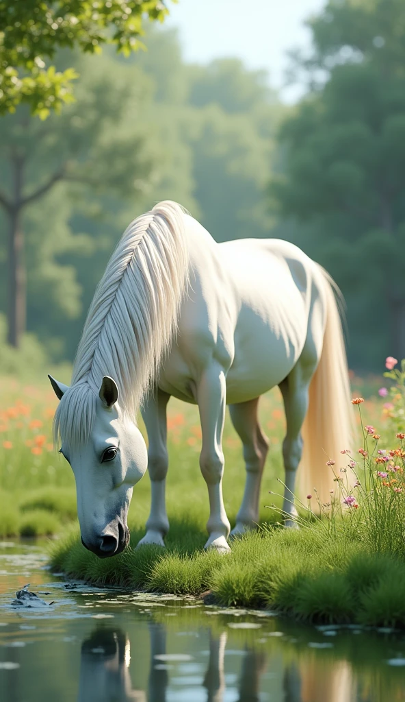 A 3d white horse big hairs eat grass edge of beautiful river around grass plants flowers