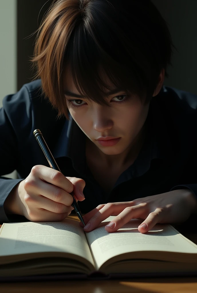 a highly detailed portrait of Light Yagami, exquisite facial features, intense eyes, focused expression, writing a name Vaivab Paul in the Death Note book, dramatic lighting, cinematic composition, realistic rendering, masterpiece, intricate details, dramatic atmosphere, photorealistic, 8k, hyper detailed, chiaroscuro lighting, tense expression, intense gaze, compelling character