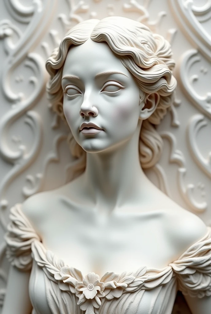 A beautiful woman historical potrait size  sandstone sculpture with extremely textured white background 