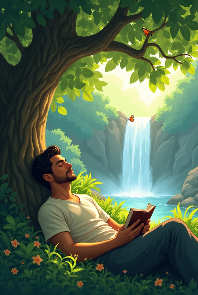 Un homme dort sous un arbre. Son livre sur les genous et la nature est luxuriante une cascade est au loin. Une fée papillon l’observe discrètement