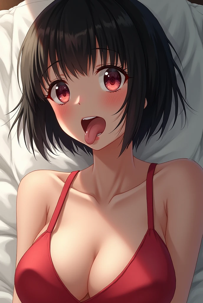 1 girl, breasts, short hair, fringe, black hair, simple background, tongue out, masterpiece, High resolution, anatomically correct, big breasts, saliva, drooling, strong breathing, Blush all over the face, Ahegao, perspective, uncensored