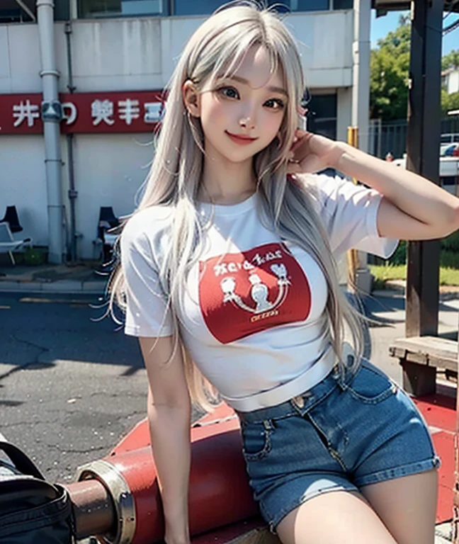 Masterpiece, high detailed, realistic, ultra realistic, ((hyper realistic)), woman with long hair, white hair color, ((red t shirt / blue short pant)), smile, 16k,